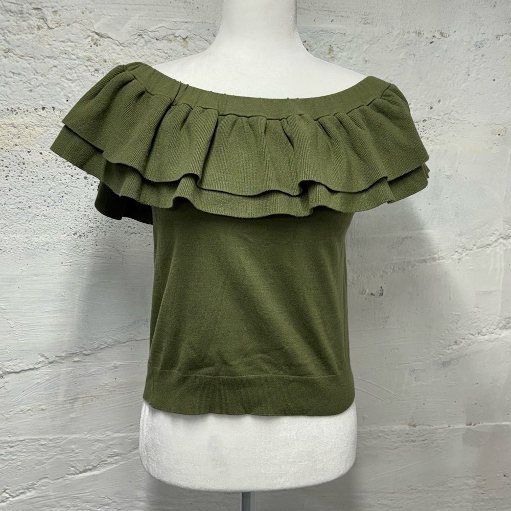 J Crew Ruffled off the shoulder top Olive green sweater ruffle